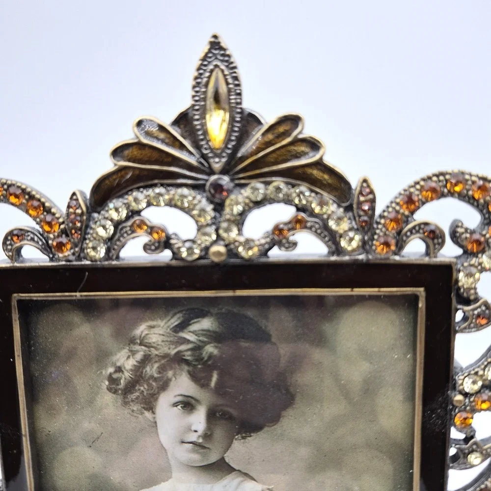 Tizo Jeweled Metal Picture Frame Amber & Champagne Crystal Ornate Baroque 5x7.5